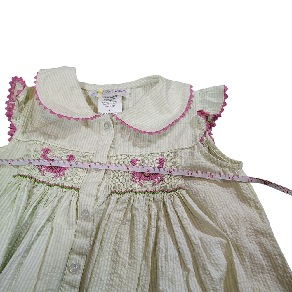 Girl's Smocked Embroidered Crab Seersucker Dress Sleeveless Pink Green Size 6 - Picture 5 of 6